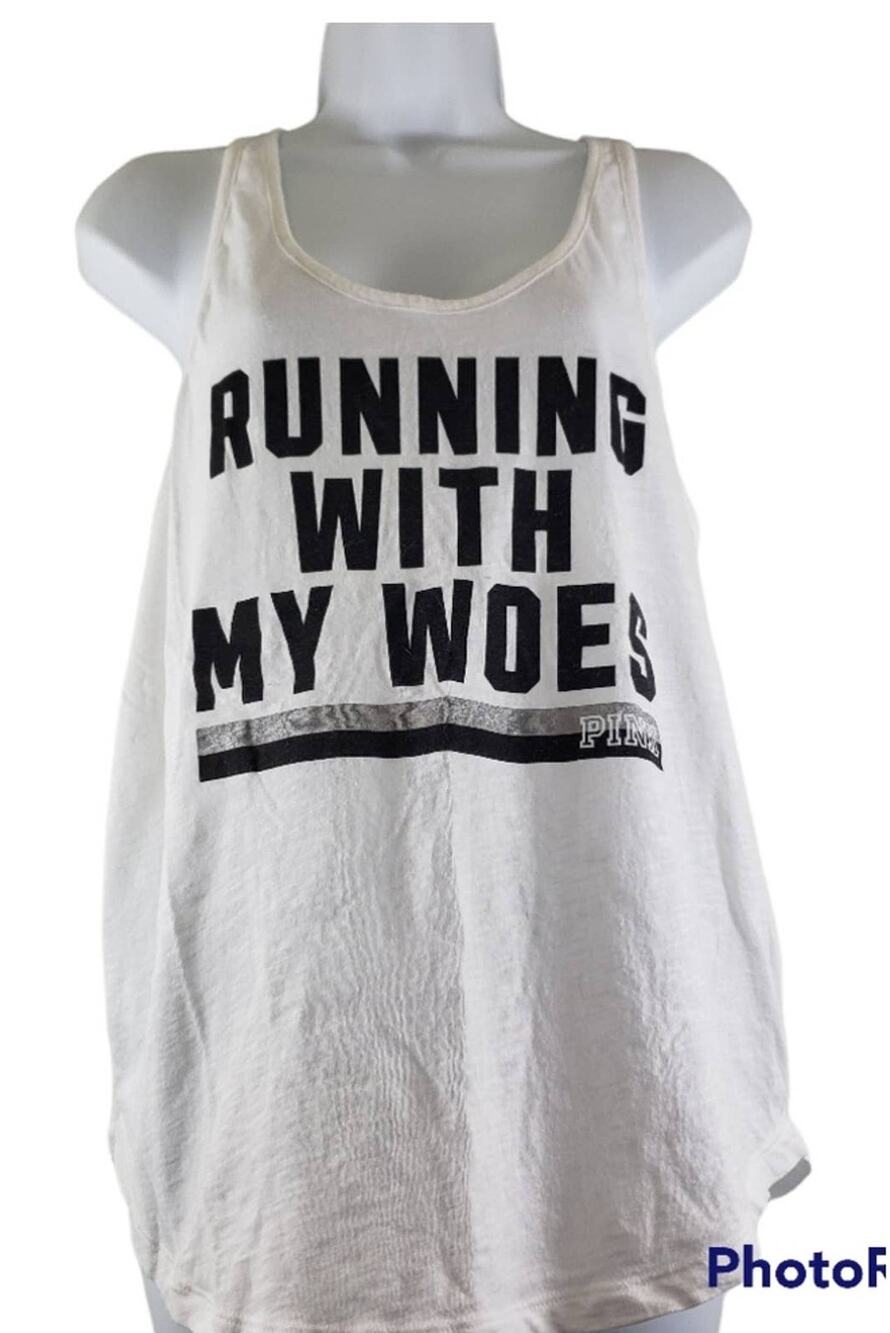 Pink Victoria's Secret Running With My Woes Racer Back Tank Top White Size Large